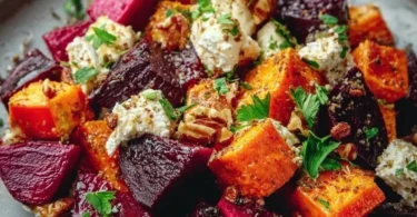 Creamy roasted beet salad with sweet potato and feta cheese