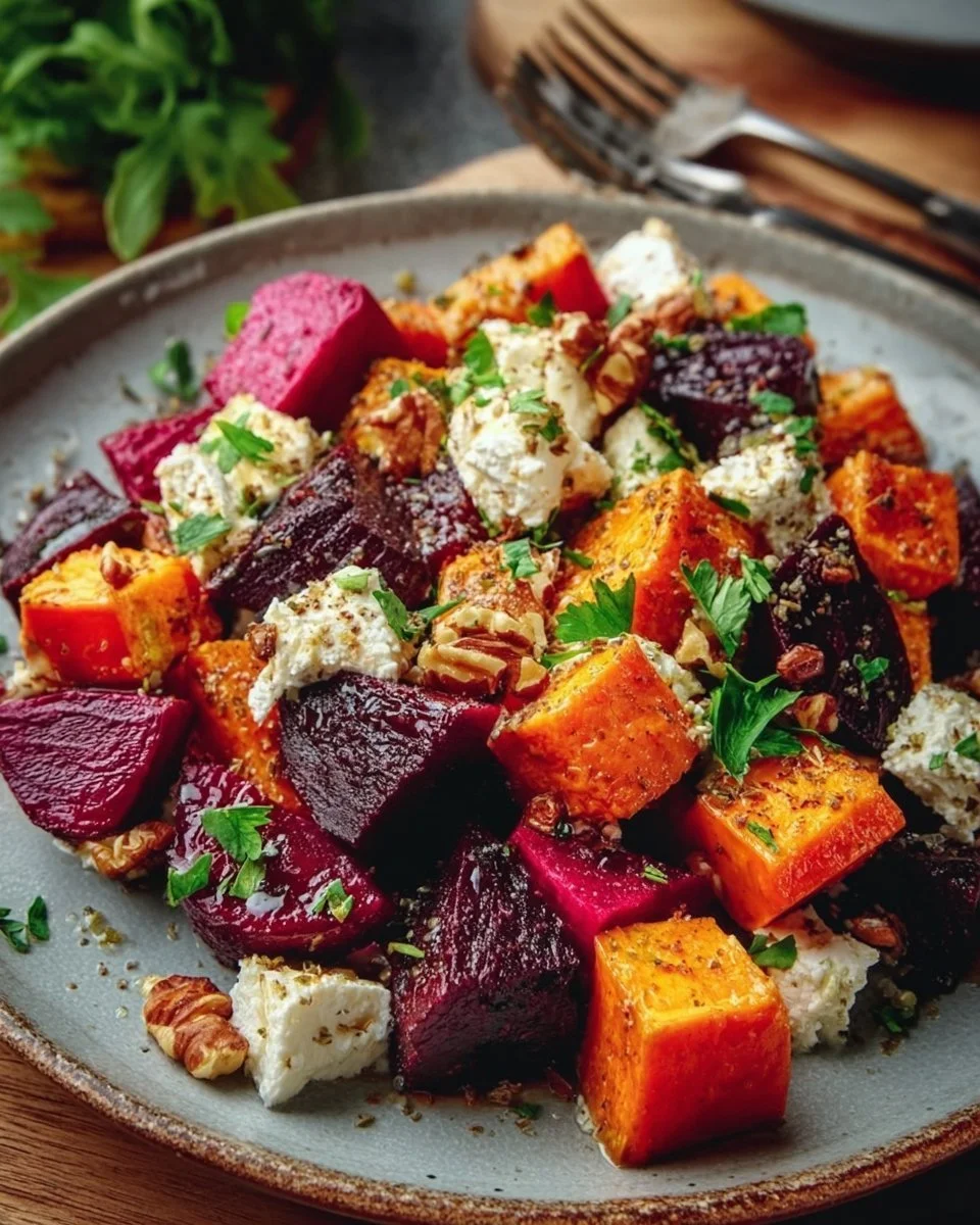 Creamy roasted beet salad with sweet potato and feta cheese