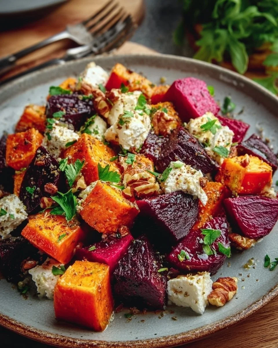 Creamy Roasted Beet Salad with Sweet Potato & Feta