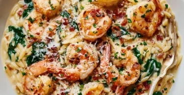 Creamy Shrimp Orzo dish topped with herbs and served in a bowl
