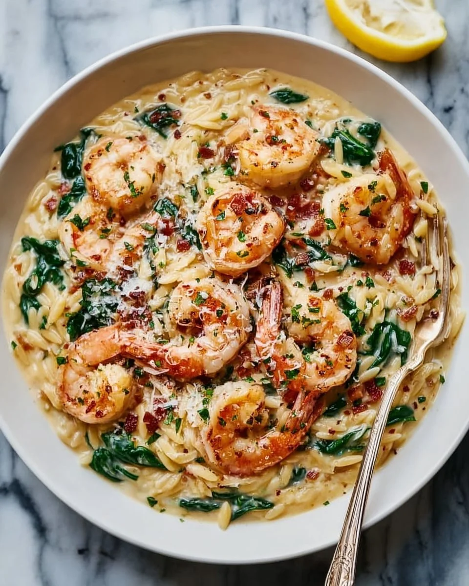 Creamy Shrimp Orzo dish topped with herbs and served in a bowl