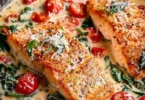 Delicious creamy Tuscan salmon plated with fresh herbs and sauce