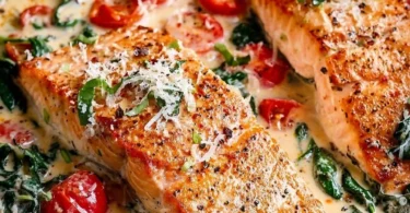 Delicious creamy Tuscan salmon plated with fresh herbs and sauce