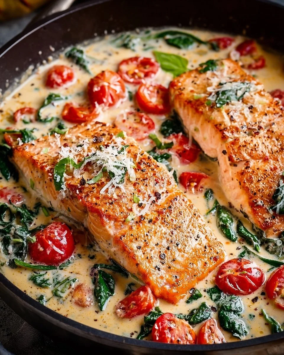Delicious creamy Tuscan salmon plated with fresh herbs and sauce