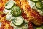 Crispy Dill Pickle Parmesan Chicken served on a plate with garnish