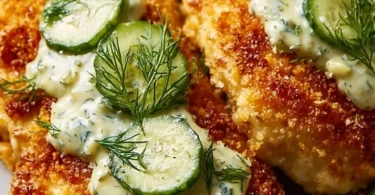 Crispy Dill Pickle Parmesan Chicken served on a plate with garnish
