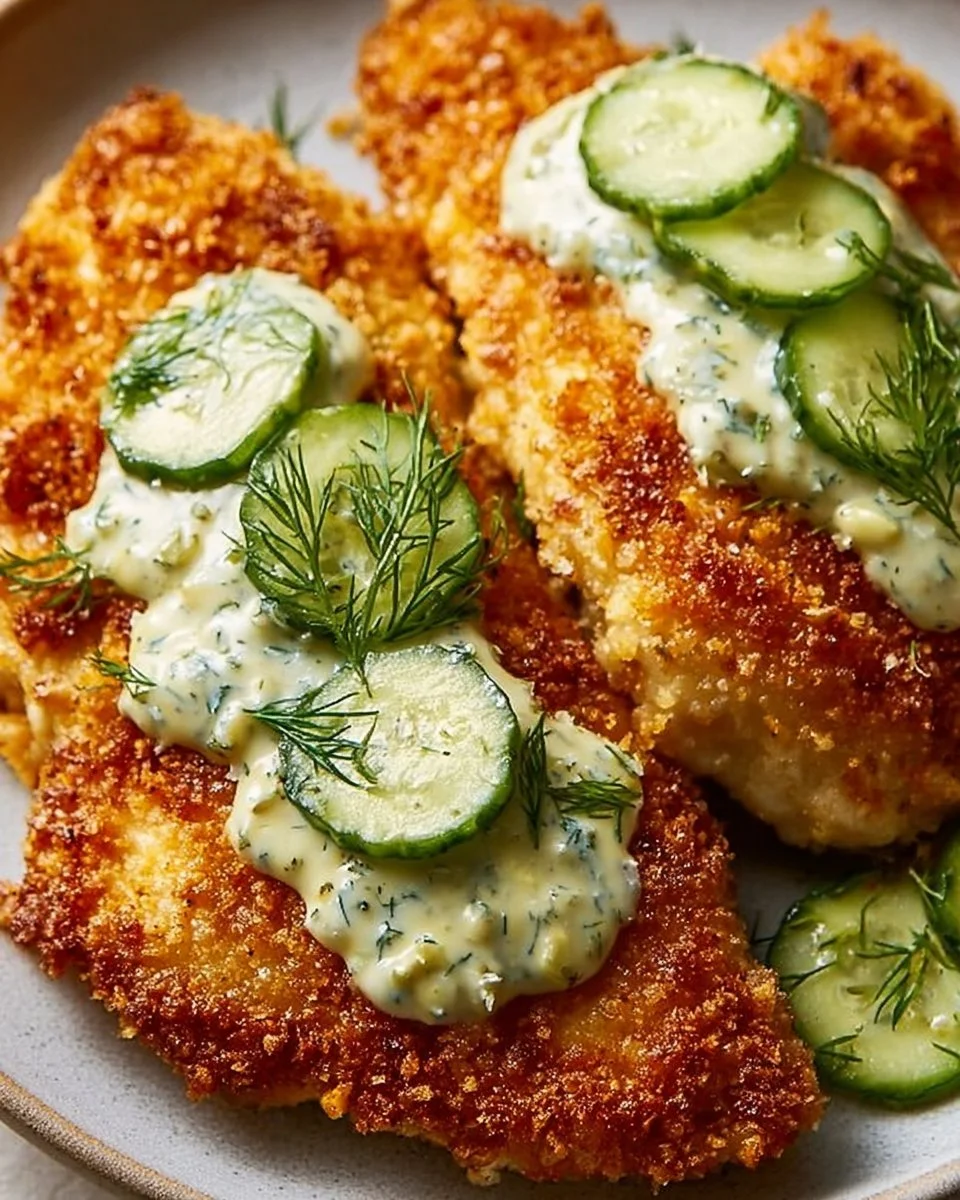 Crispy Dill Pickle Parmesan Chicken served on a plate with garnish