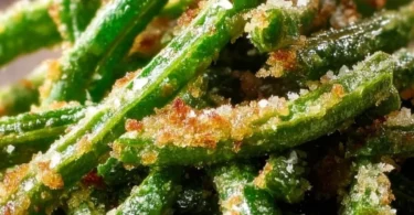 Crispy garlic parmesan green beans in a bowl, garnished and ready to serve.