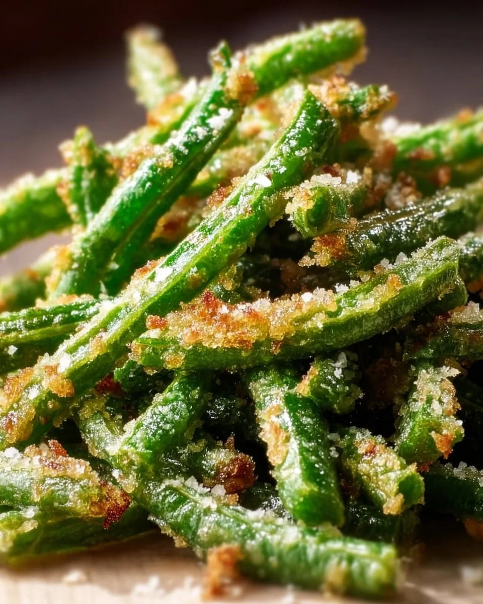 Crispy garlic parmesan green beans in a bowl, garnished and ready to serve.