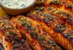 Crispy salmon strips served with herb tartar dip for a delicious meal.