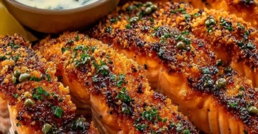 Crispy salmon strips served with herb tartar dip for a delicious meal.