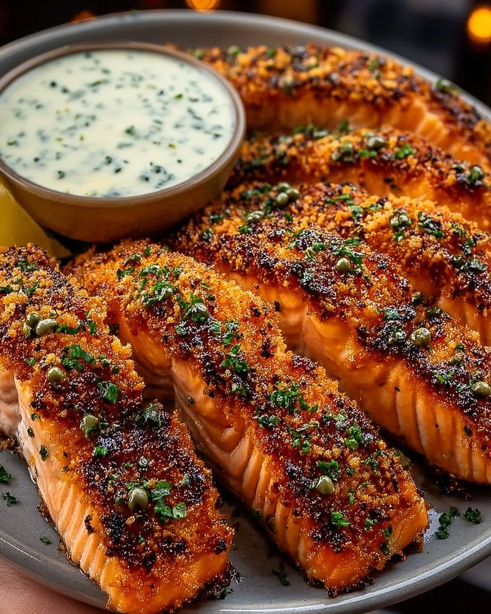 Crispy salmon strips served with herb tartar dip for a delicious meal.
