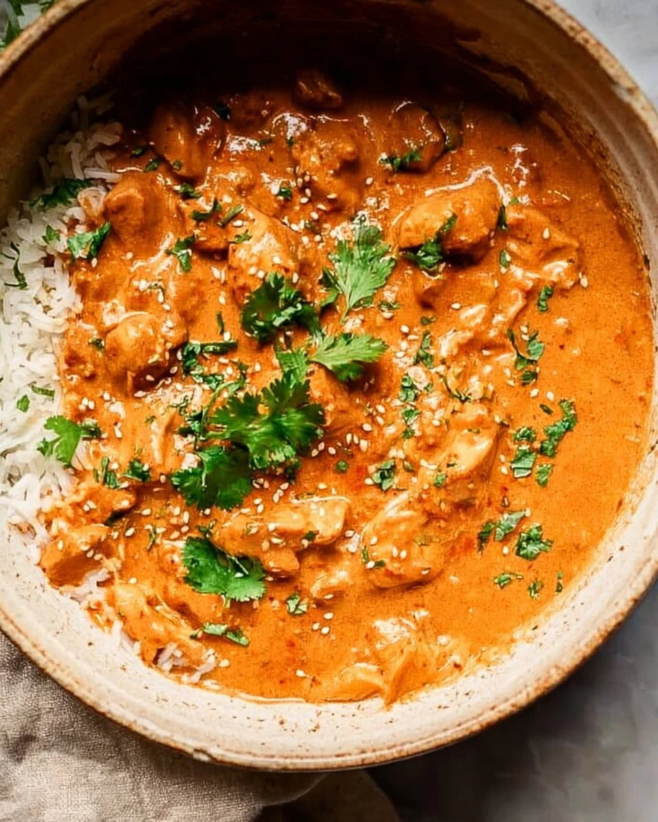 Crockpot Butter Chicken ready to serve with rice and garnished with cilantro