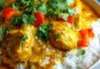 Crockpot Coconut Curry Chicken served in a bowl with fresh herbs and a side of rice