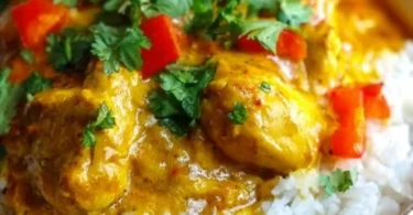 Crockpot Coconut Curry Chicken served in a bowl with fresh herbs and a side of rice
