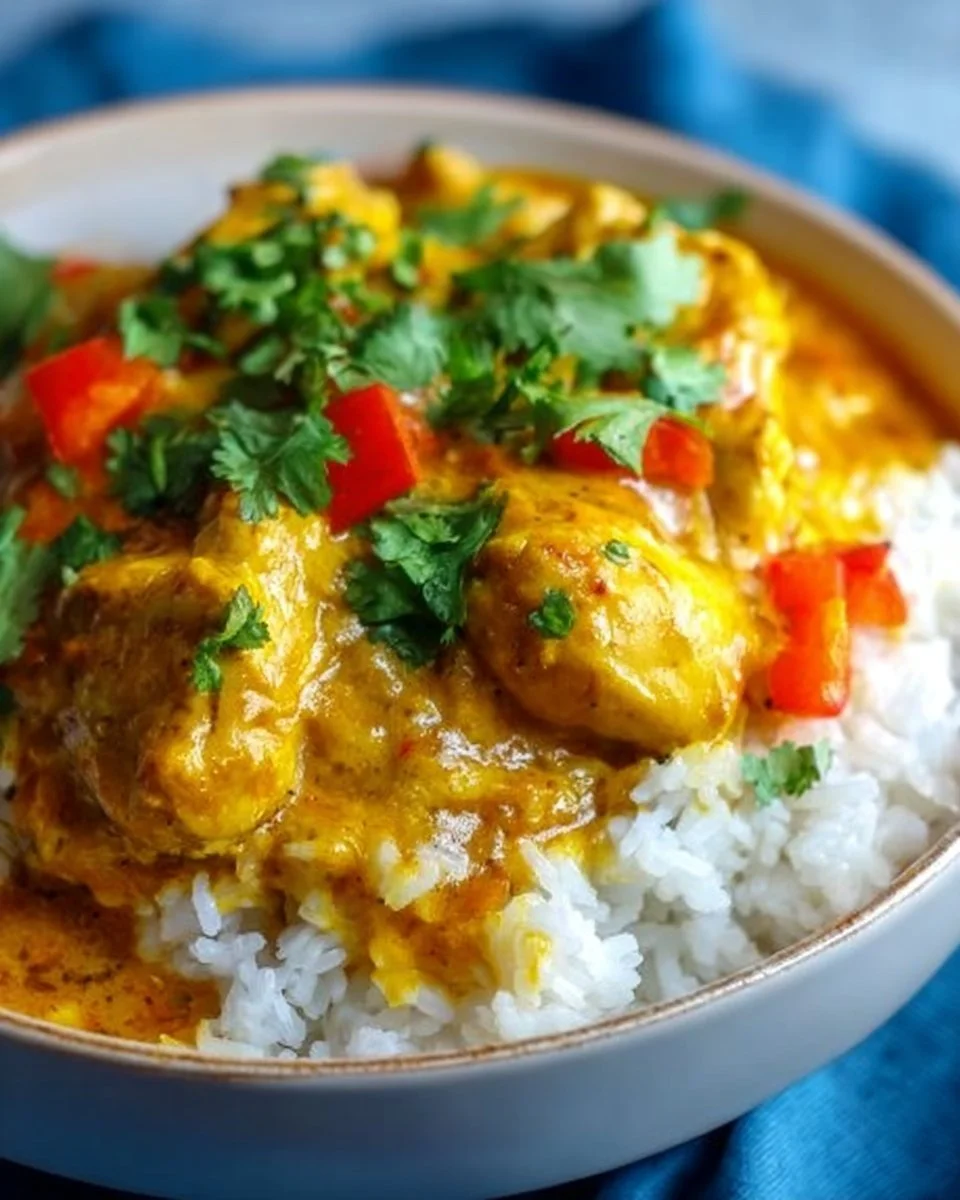 Crockpot Coconut Curry Chicken served in a bowl with fresh herbs and a side of rice