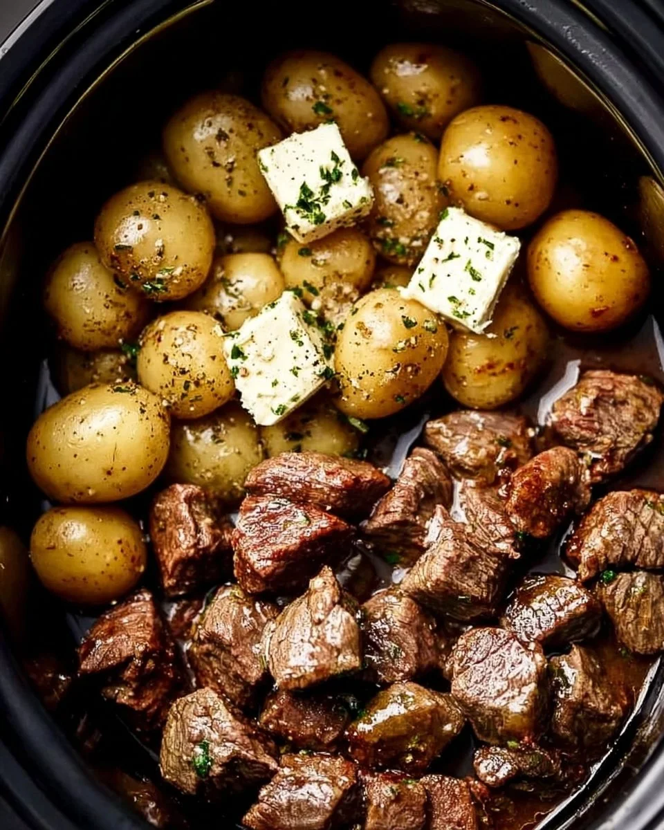Crockpot Garlic Butter Beef Bites with Potatoes served in a rustic bowl