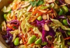 Crunchy cabbage salad with edamame and sesame ginger dressing