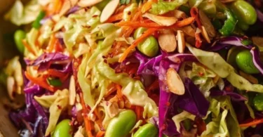 Crunchy cabbage salad with edamame and sesame ginger dressing