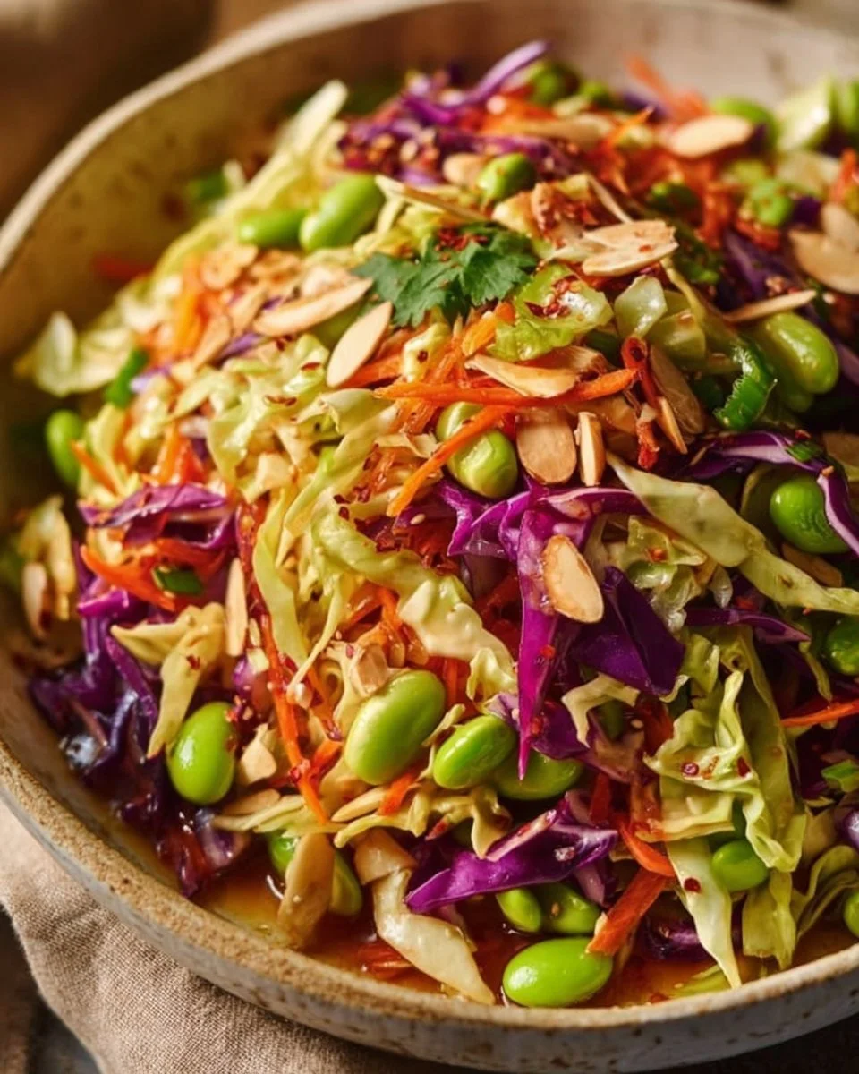 Crunchy cabbage salad with edamame and sesame ginger dressing