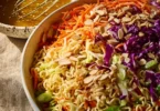 Crunchy ramen noodle salad with vegetables and dressing