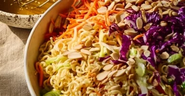 Crunchy ramen noodle salad with vegetables and dressing