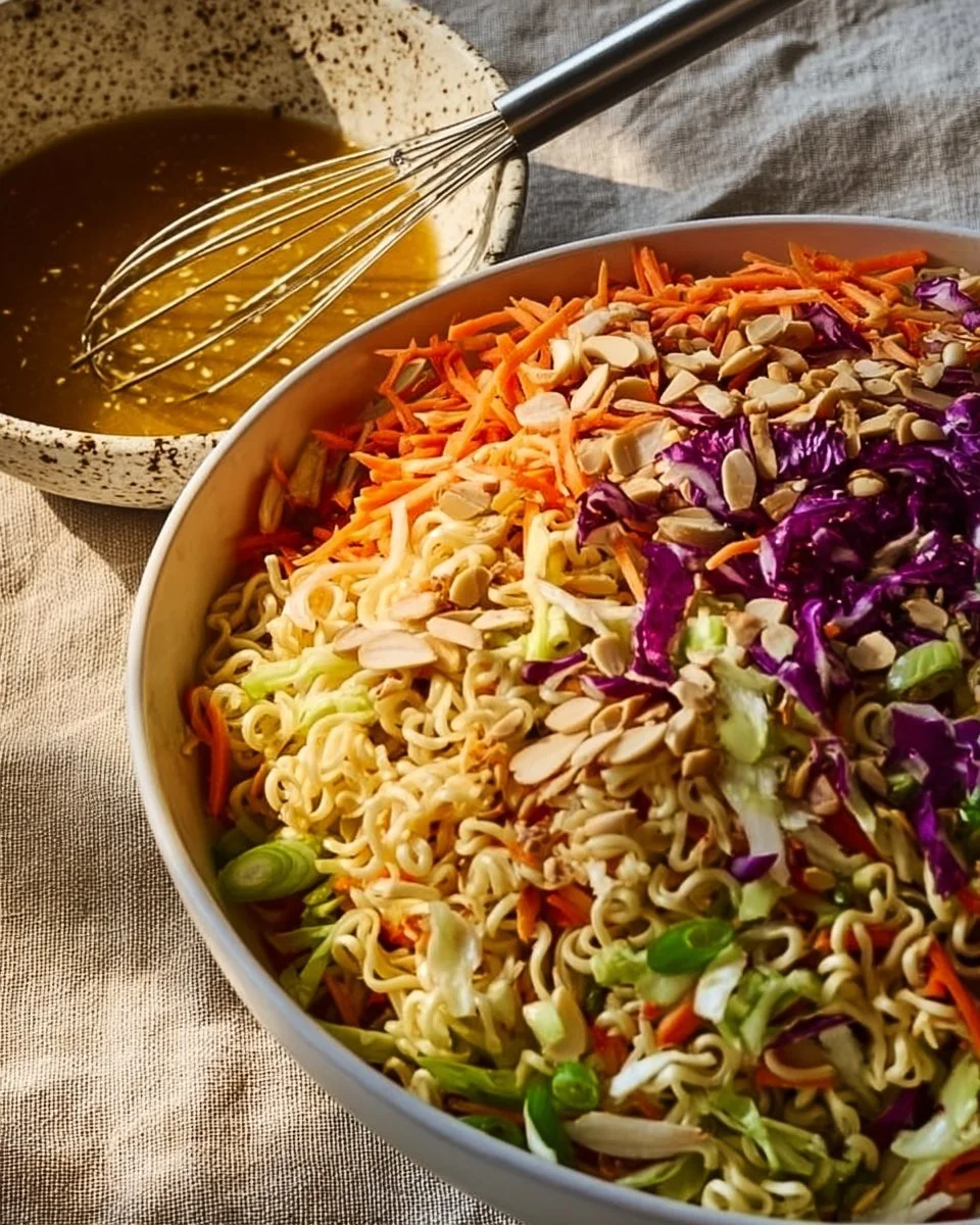 Crunchy ramen noodle salad with vegetables and dressing
