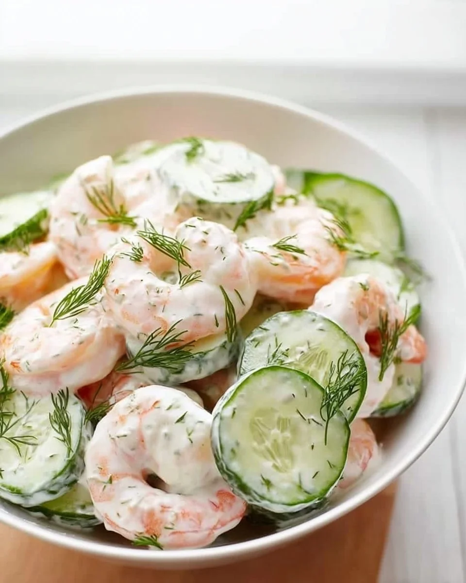 A vibrant Cucumber Shrimp Salad with fresh vegetables and shrimp served in a bowl.