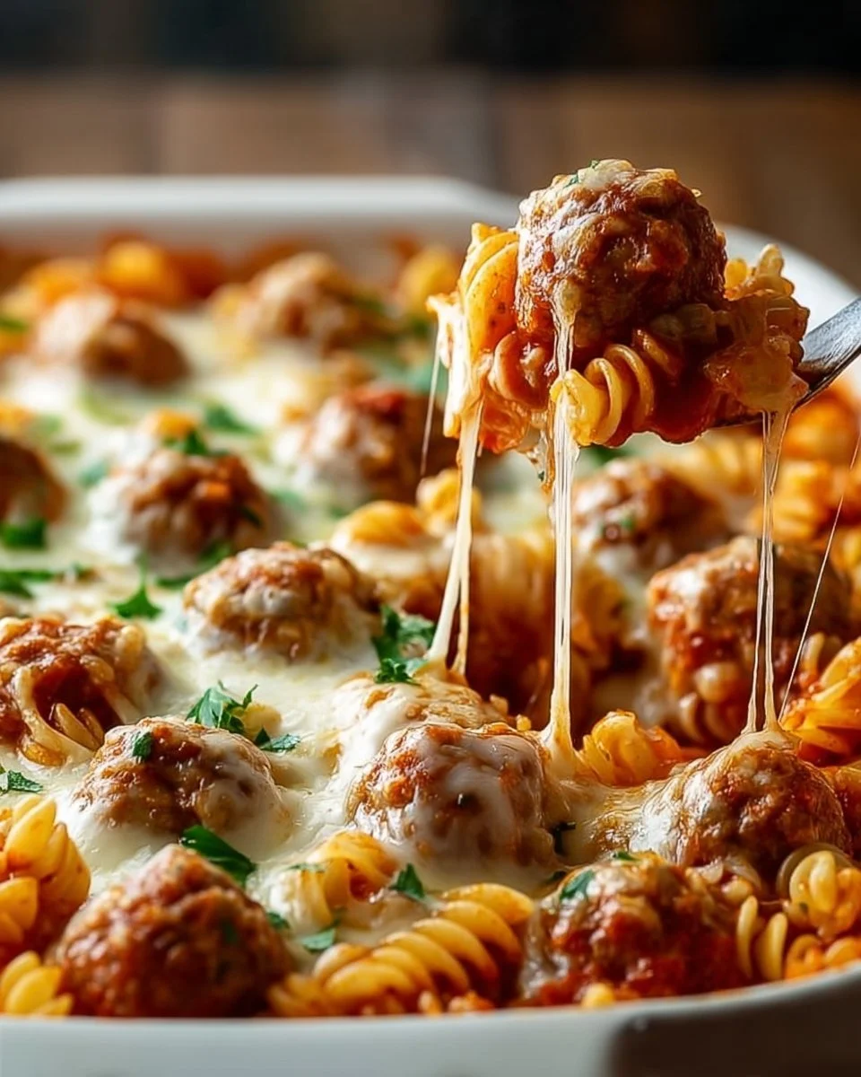 Delicious Dump and Bake Meatball Casserole topped with cheese and herbs.