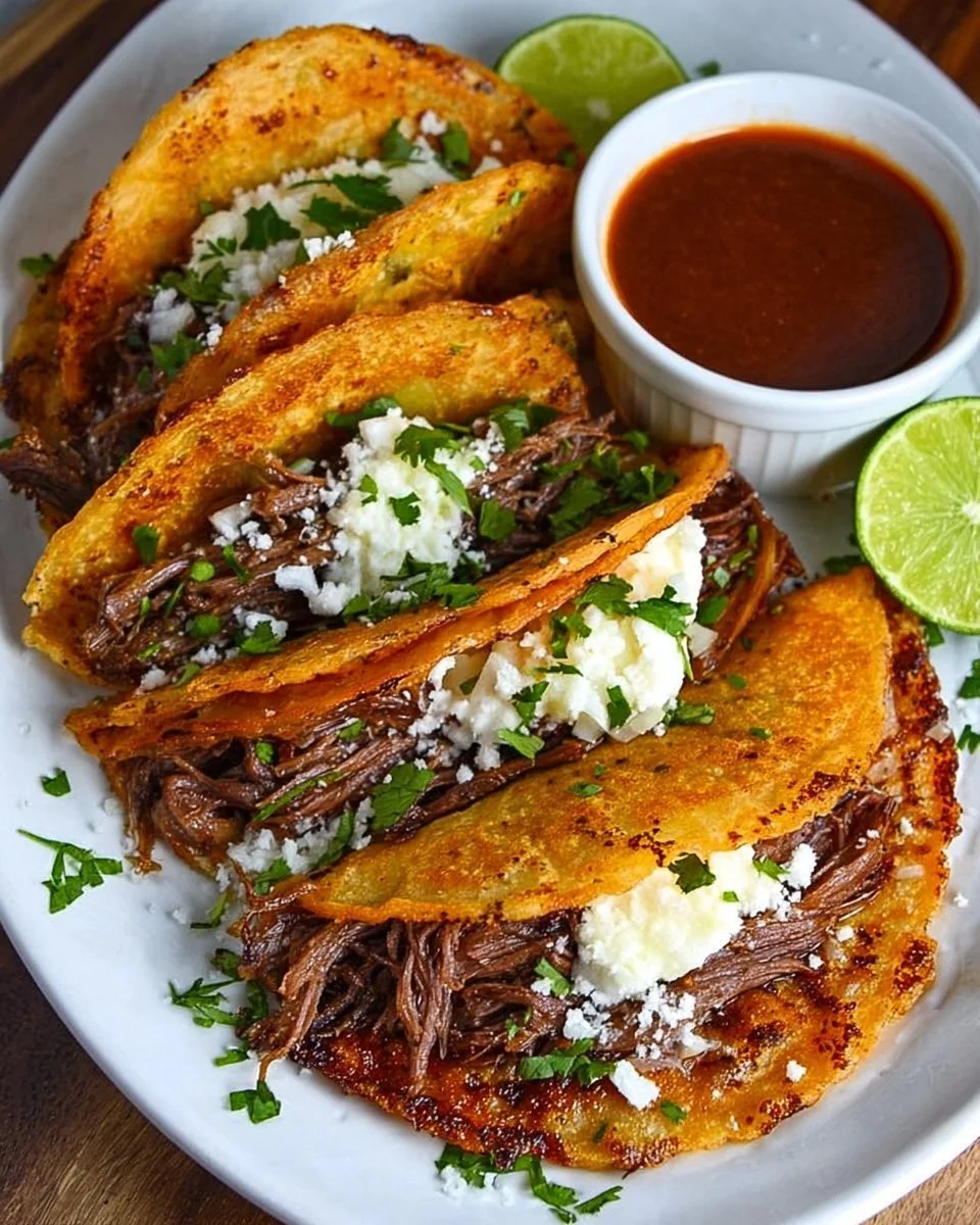 Delicious easy Birria Tacos served with savory consomme