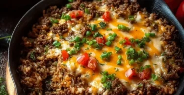 Easy Ground Beef and Rice Skillet served in a pan