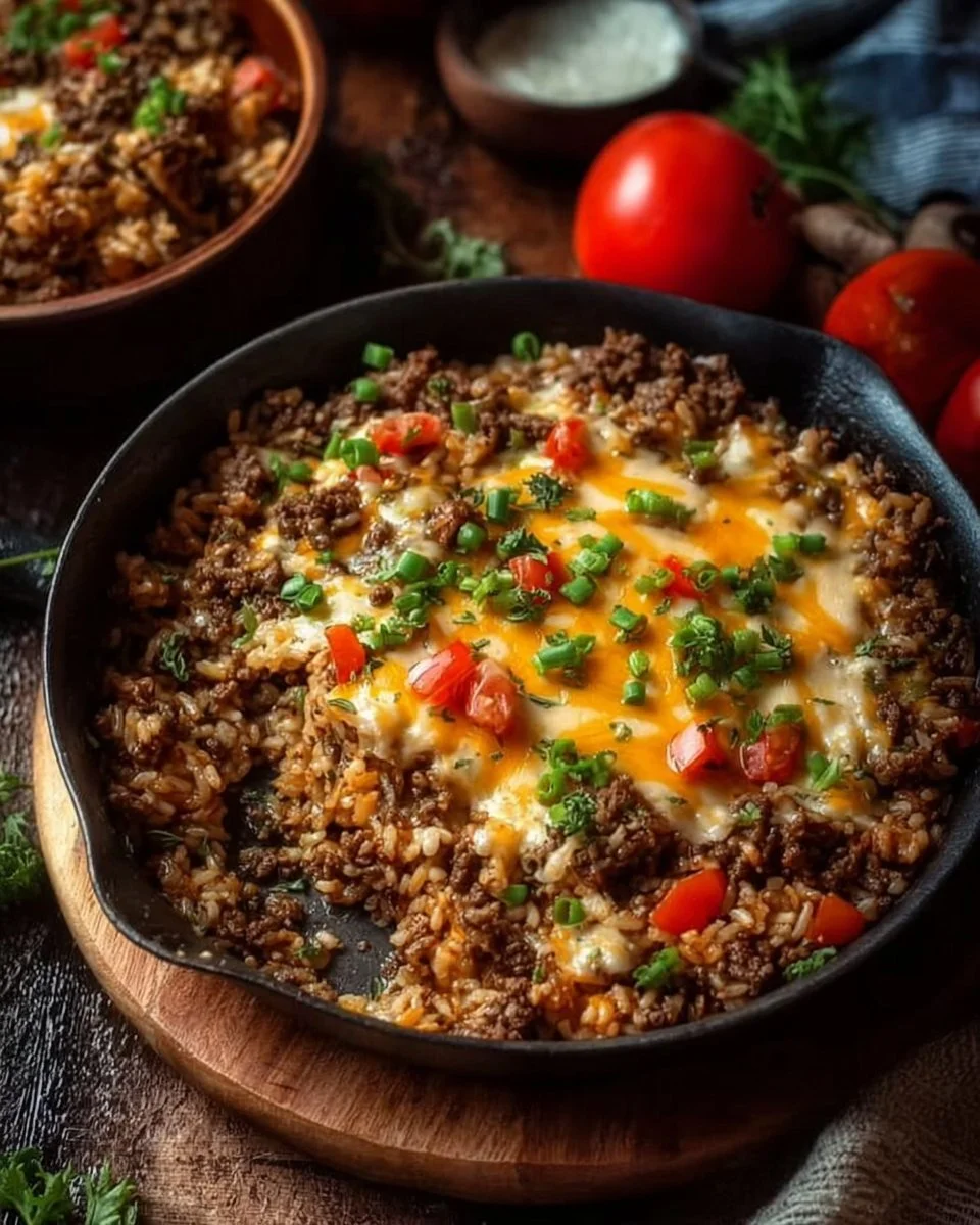 Easy Ground Beef and Rice Skillet served in a pan