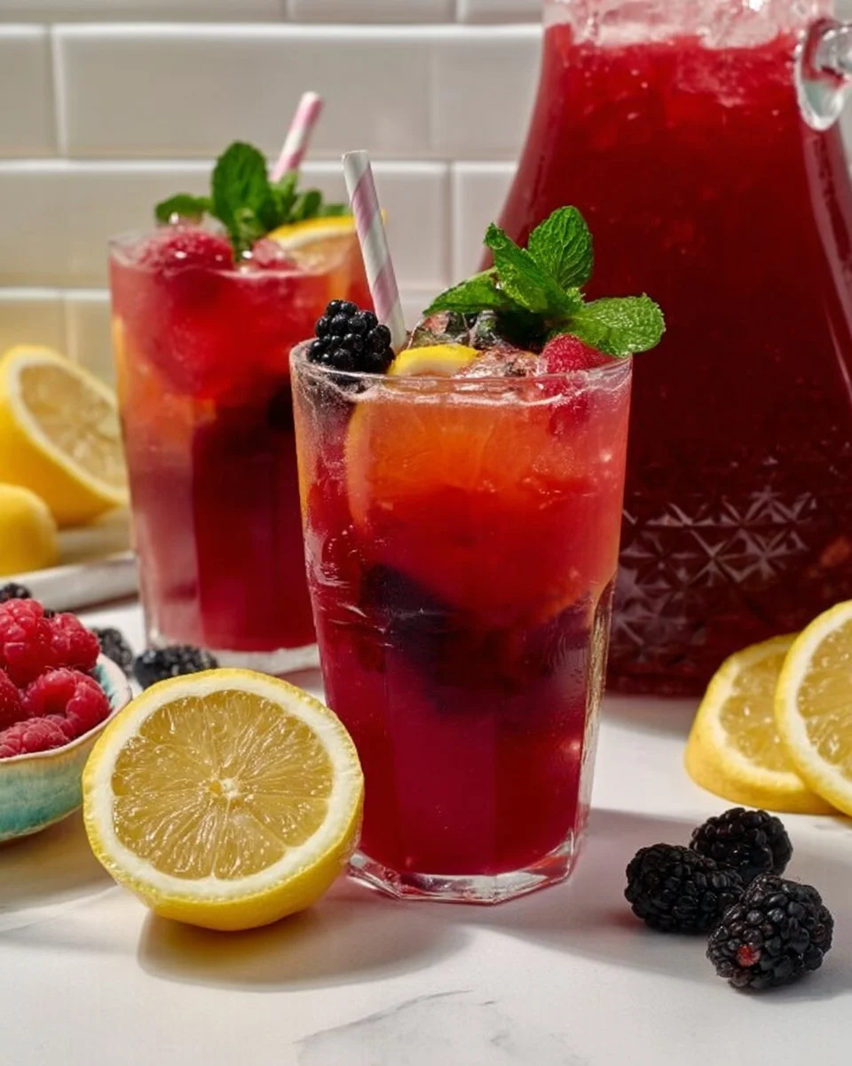 Glass of easy homemade triple berry lemonade with fresh berries