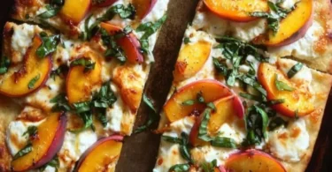 Delicious Peach Basil Naan Pizza garnished with fresh basil leaves.