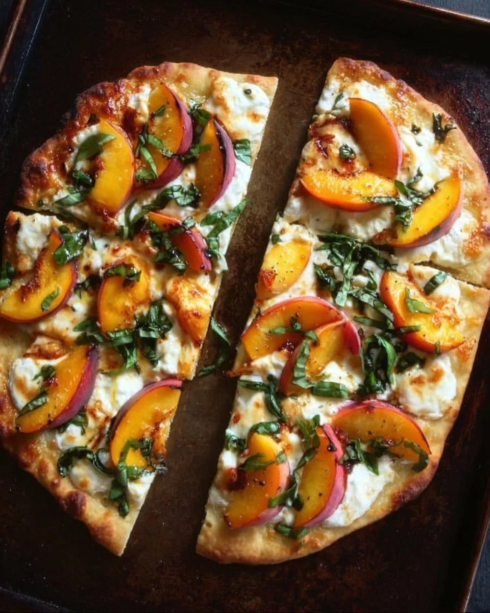 Delicious Peach Basil Naan Pizza garnished with fresh basil leaves.