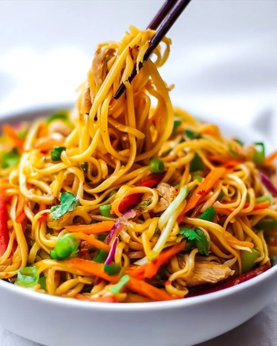 Plate of easy Thai noodles garnished with fresh vegetables and herbs.