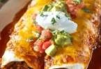 Delicious easy wet burritos topped with sauce and garnished with fresh ingredients.