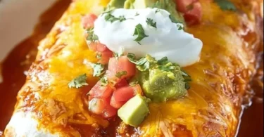 Delicious easy wet burritos topped with sauce and garnished with fresh ingredients.