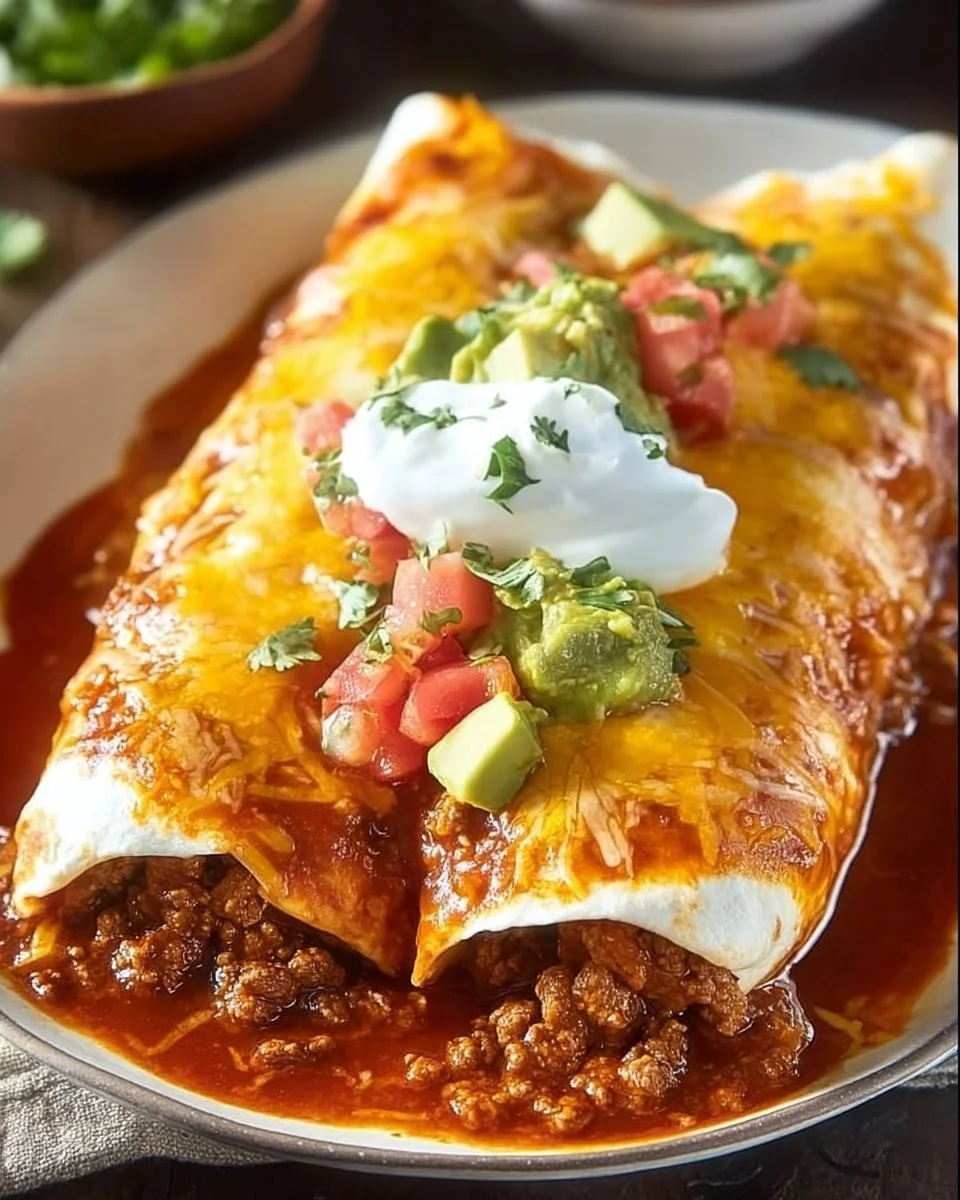 Delicious easy wet burritos topped with sauce and garnished with fresh ingredients.