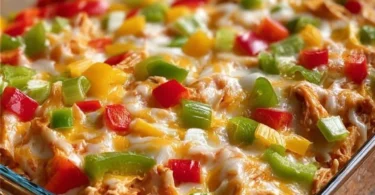 Delicious Fajita Chicken Casserole topped with cheese and bell peppers