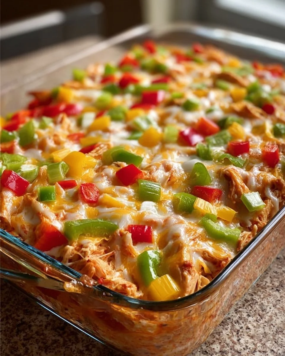 Delicious Fajita Chicken Casserole topped with cheese and bell peppers