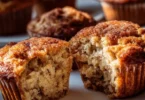 Fluffy banana cinnamon Greek yogurt muffins on a wooden table