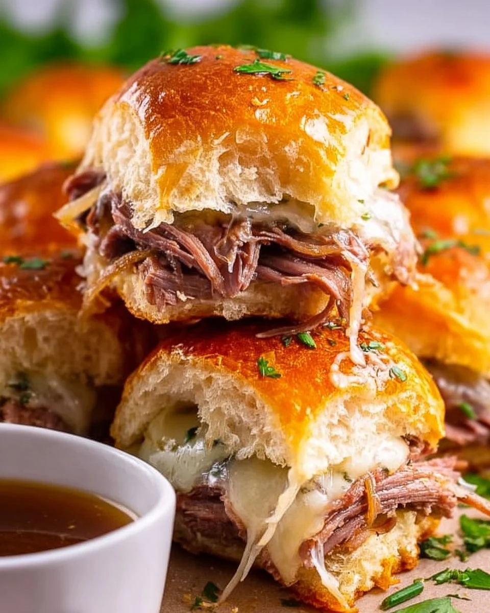Delicious French Dip Sliders served with au jus for dipping