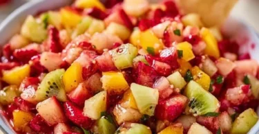 Bowl of fresh fruit salsa with cinnamon sugar chips on a wooden table.