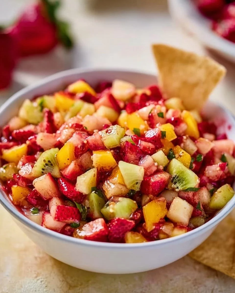 Bowl of fresh fruit salsa with cinnamon sugar chips on a wooden table.