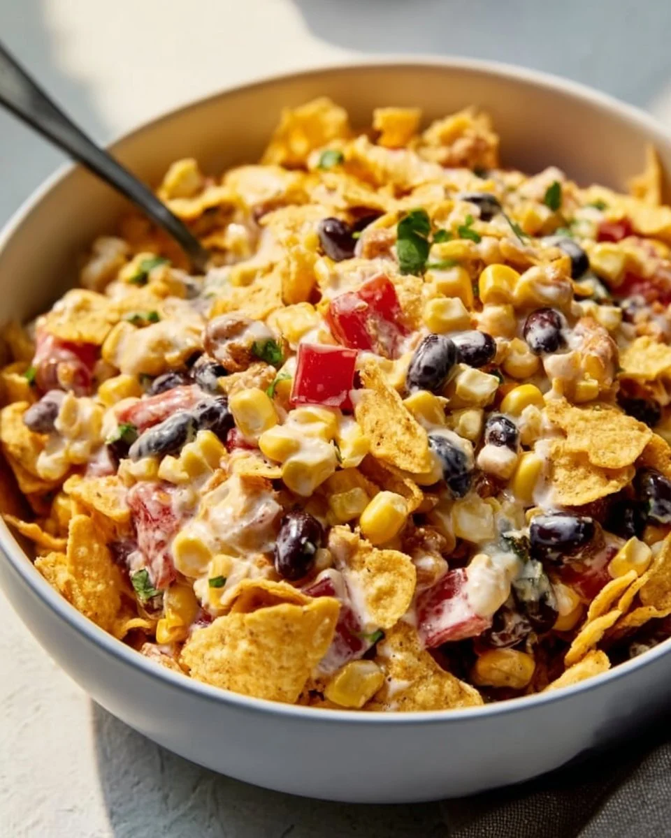 Delicious Frito Corn Salad with vibrant ingredients and crunchy Frito chips