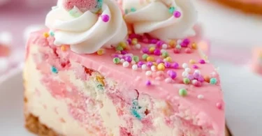 Frosted Animal Cookie Cheesecake topped with colorful animal cookies