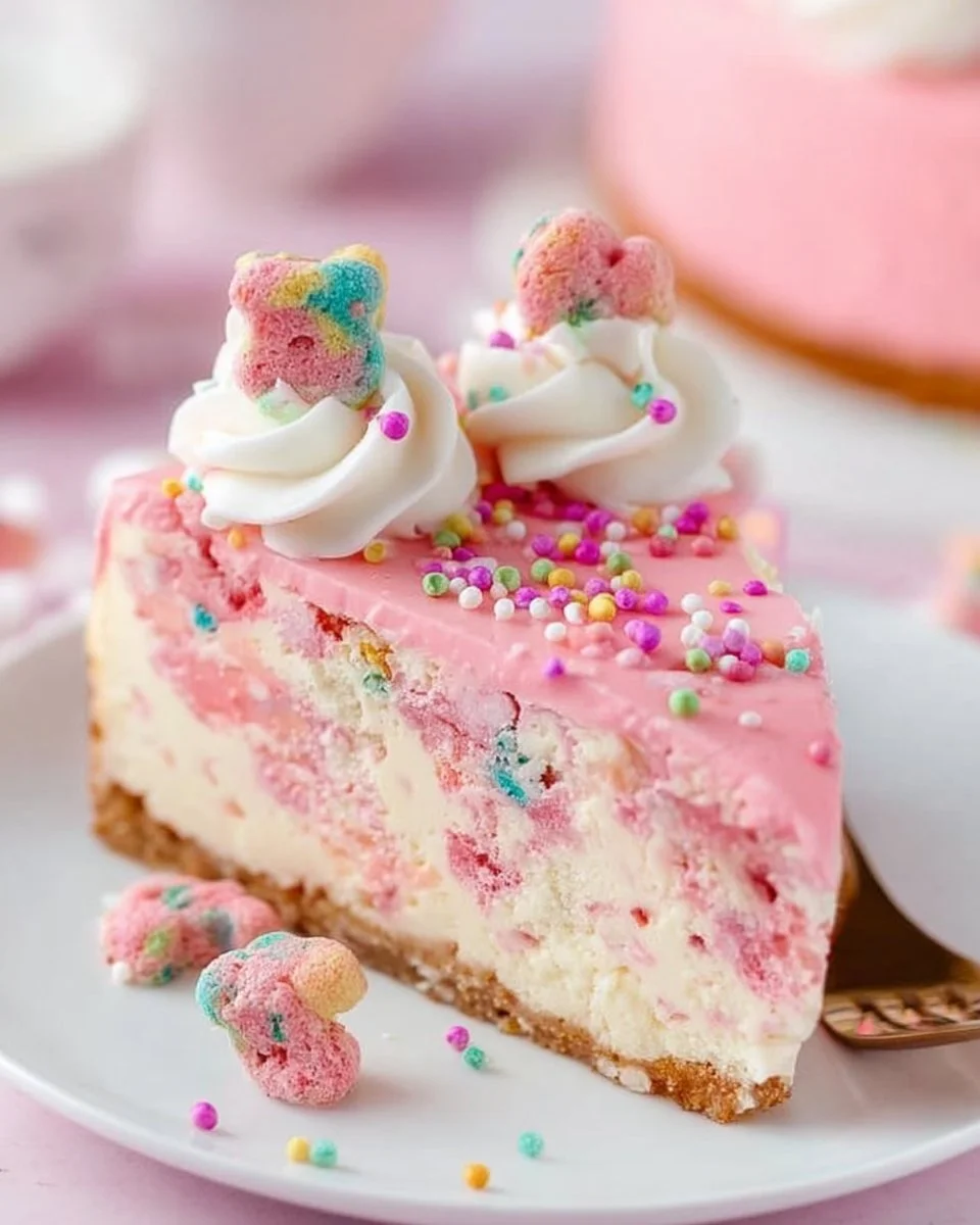 Frosted Animal Cookie Cheesecake topped with colorful animal cookies