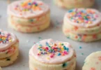 Funfetti shortbread sandwich cookies with colorful frosting and sprinkles
