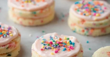 Funfetti shortbread sandwich cookies with colorful frosting and sprinkles